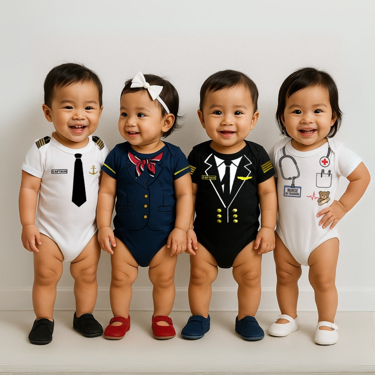 A cute baby boy wearing doctor print in a white baby bodysuit