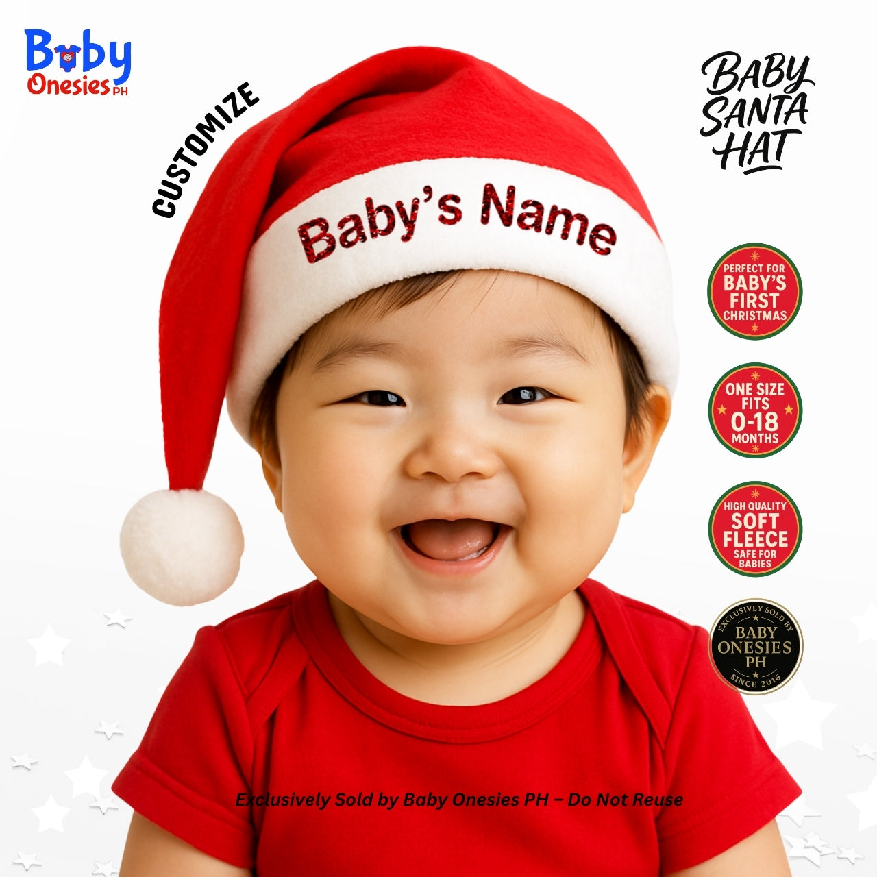 Custom Baby Santa Hat Personalized with Name | Christmas Outfit (0–18 Months)