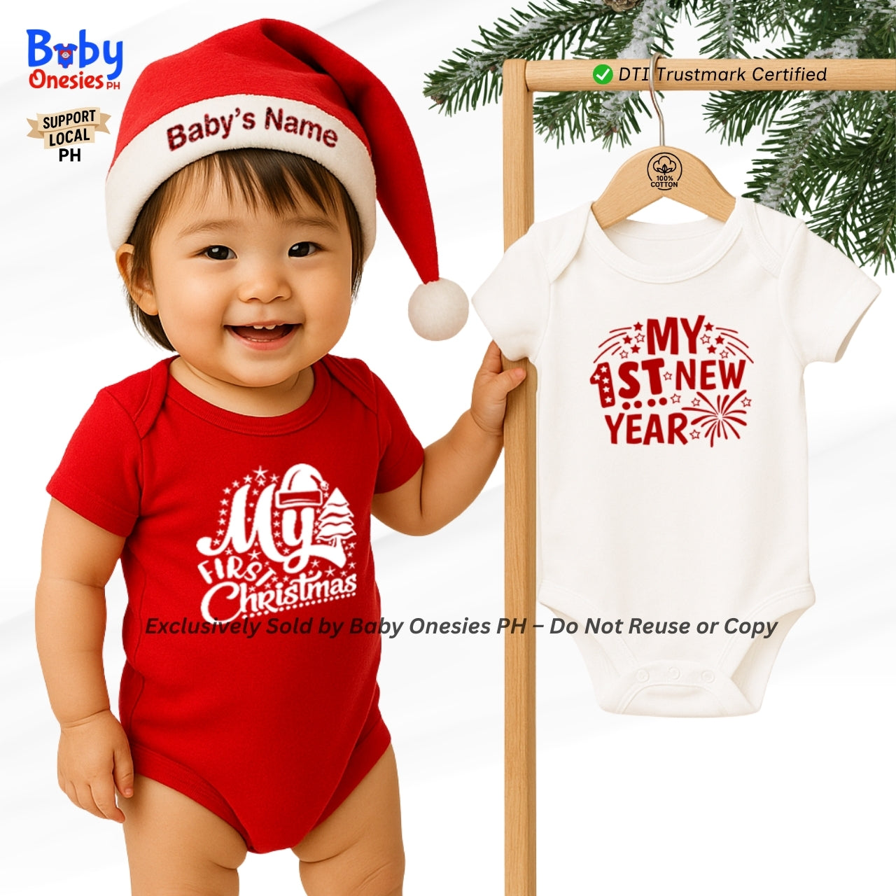 My 1st Christmas & New Year Baby Onesie | Personalized Santa Hat | Cotton Infant Romper | Baby Onesies PH