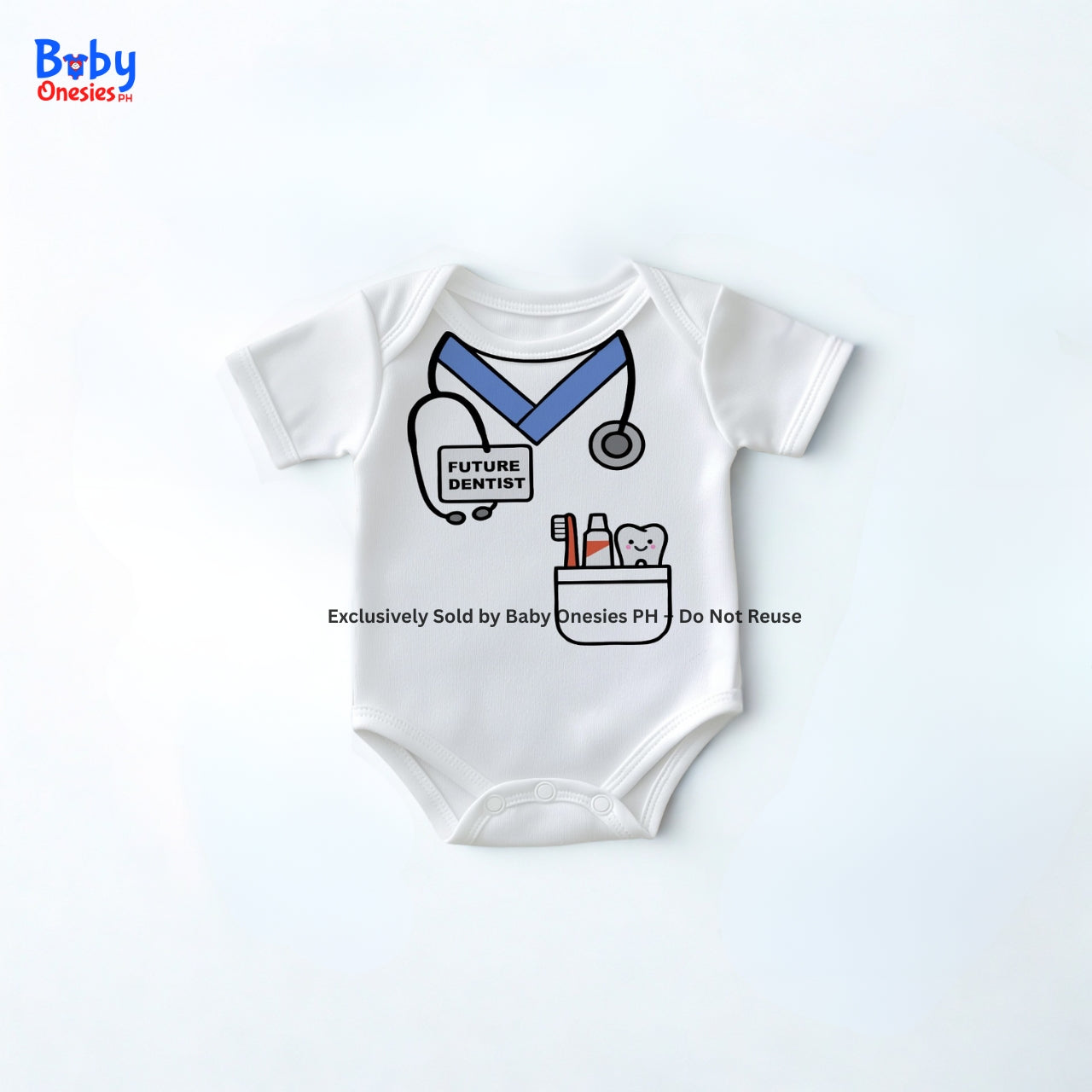 White baby onesie with medical-themed design on a white background