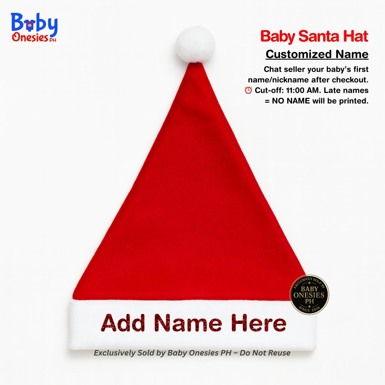 Custom Baby Santa Hat Personalized with Name | Christmas Outfit (0–18 Months)