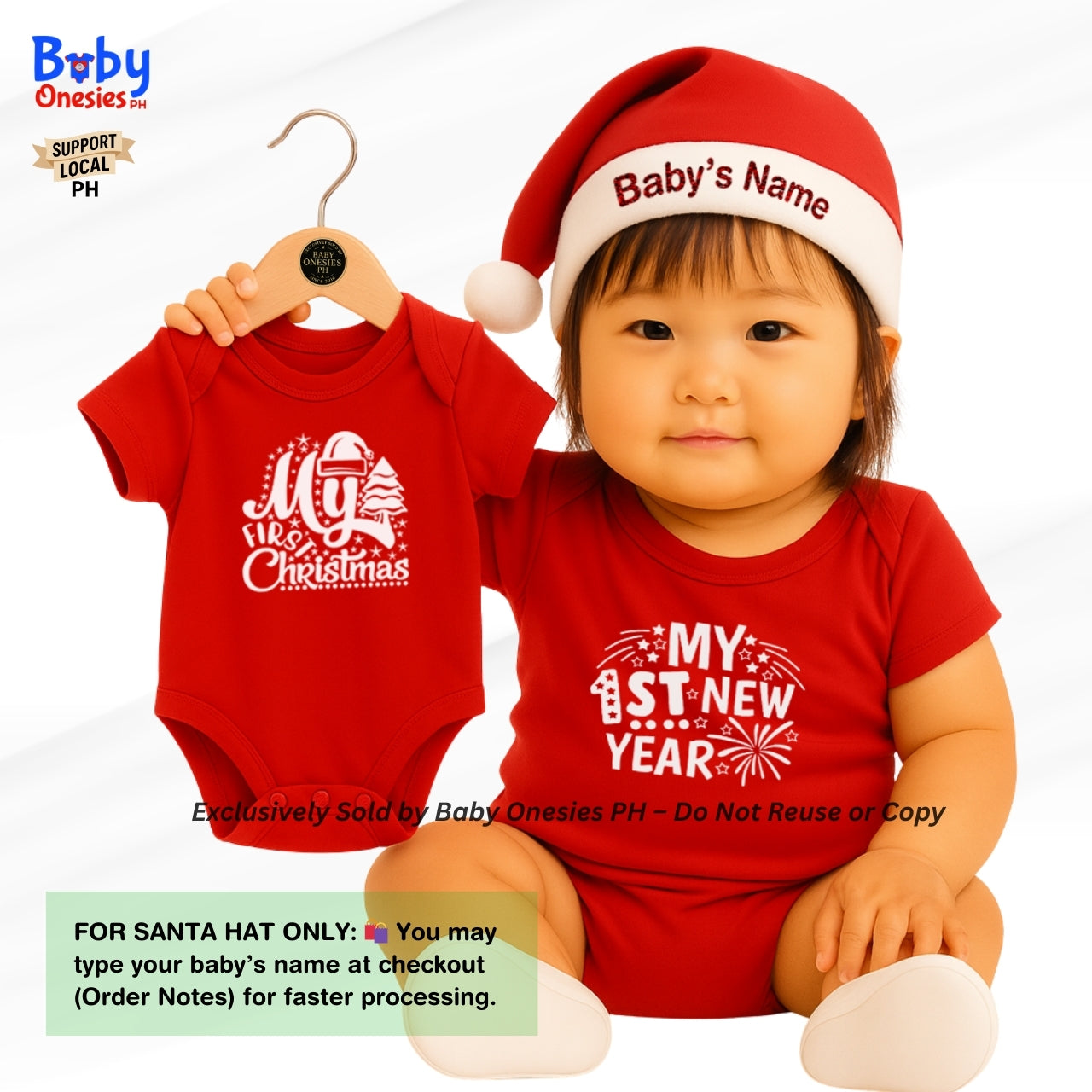 My 1st Christmas & New Year Baby Onesie | Personalized Santa Hat | Cotton Infant Romper | Baby Onesies PH