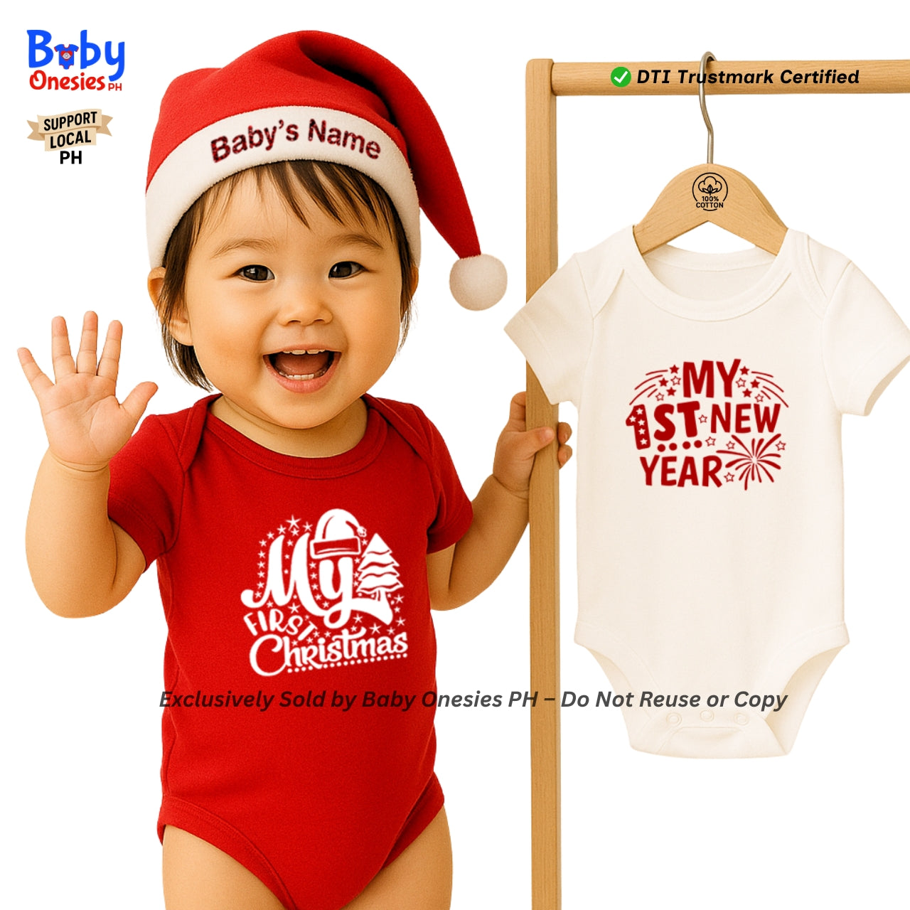 My 1st Christmas & New Year Baby Onesie | Personalized Santa Hat | Cotton Infant Romper | Baby Onesies PH